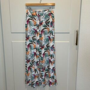 ROXY Tropical Leaf Print Wide Leg Pants White Green Orange Pink M Boho Island